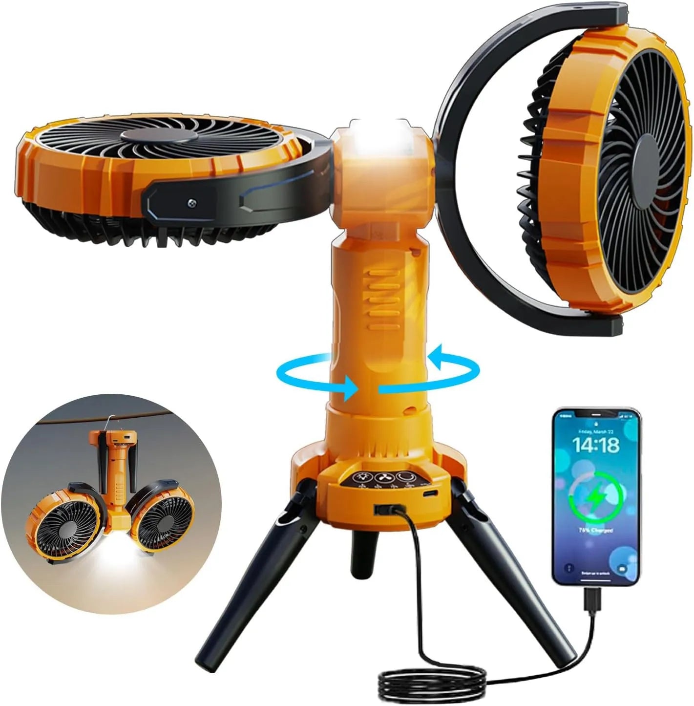 Double Head Camping Fan with LED Light.8000mAh Rechargeable Battery Powered Tripod Tent Fan.270° Oscillating Portable Fan 360° Rotation with Hook for Home.Outdoor.Bedroom.Canopy.Travel.Fishing