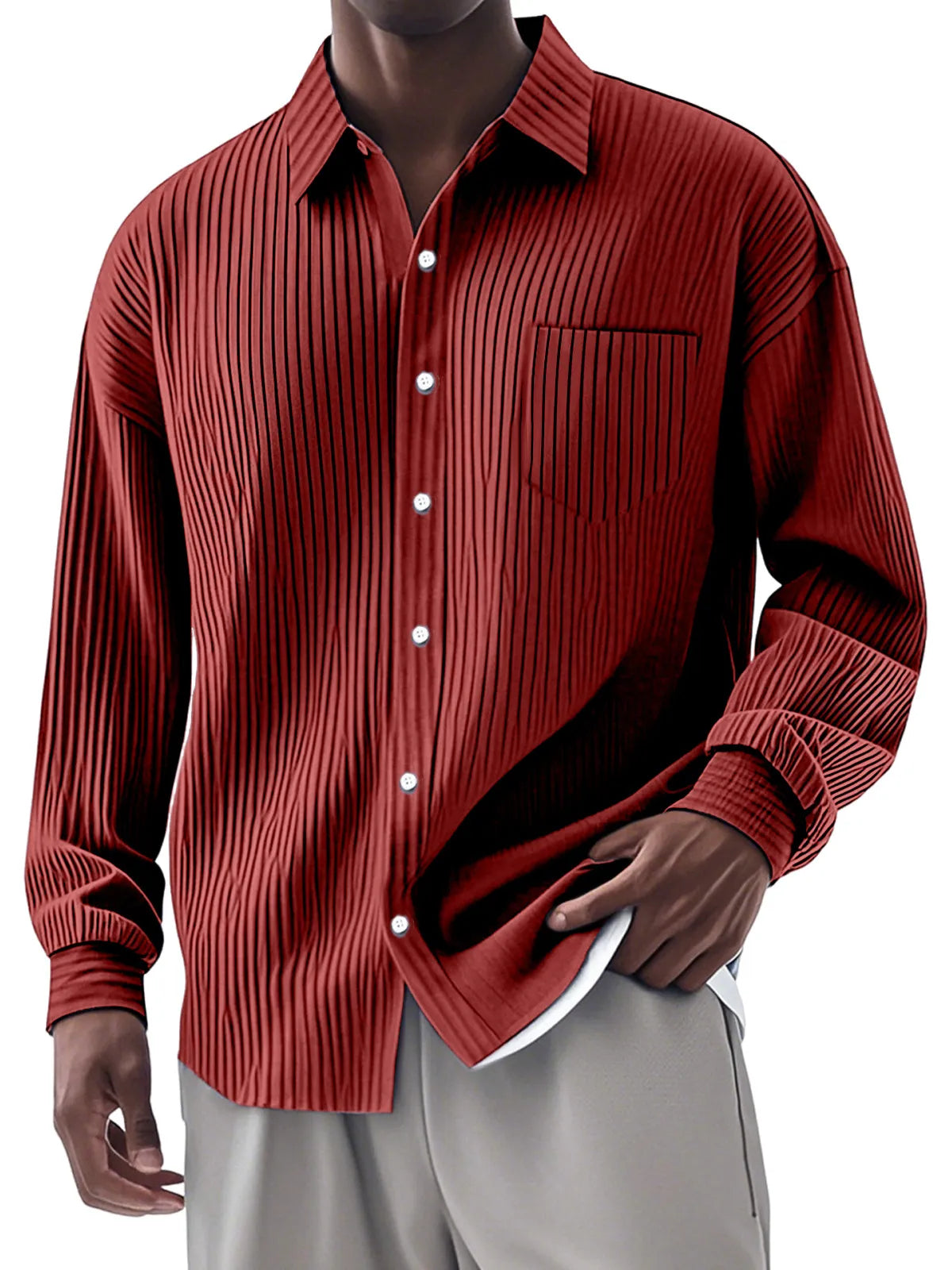 CLEARANCE SALE🔥Men's Casual Simple Vertical Pit Strip Long-sleeved Lapel Shirt